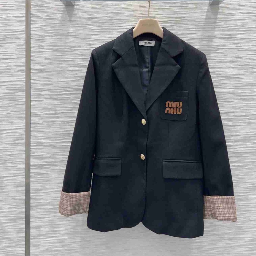 Miu Miu Black Blazer with Brown Plaid Cuffs